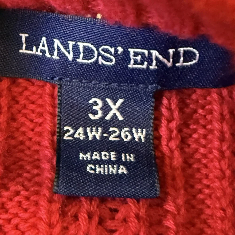 Lands End Sweater Womens Size 3X Red Cable Knit Fisherman Cotton Neckline‎